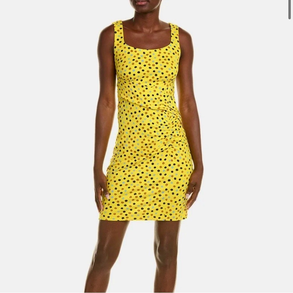 DIANE VON FURSTENBERG Tobias Mini Dress M Yellow Polka Dot Fitted Ruched